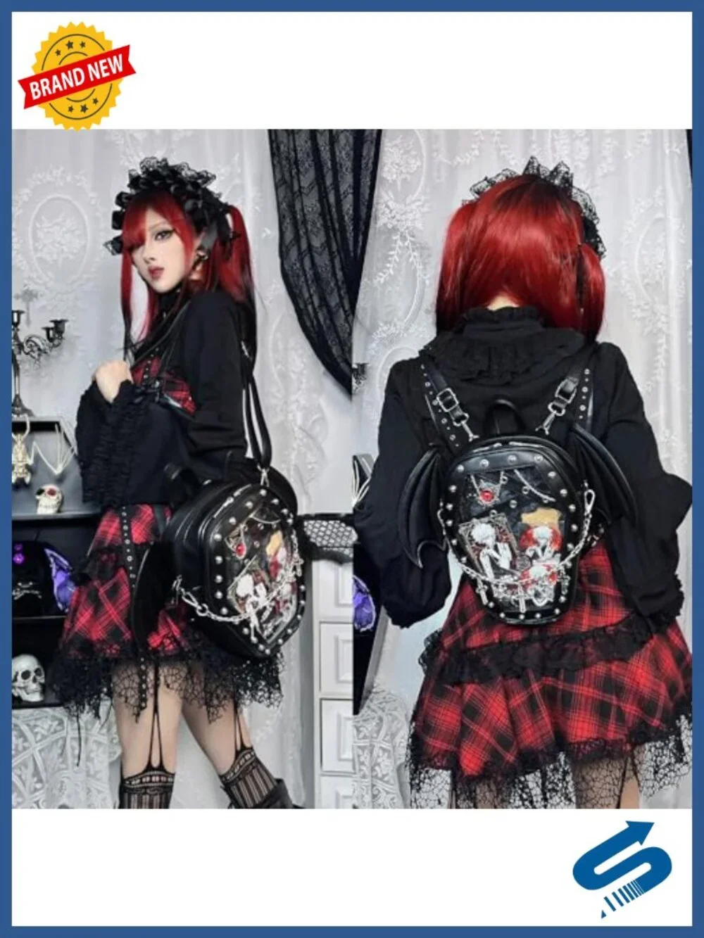 Coffin Backpack with Detachable Bat Wing, Faux Leather, Enamel Pin Display,